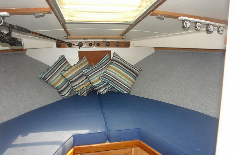 Forward V-berth cabin of a sportfishing boat with blue cushions and striped pillows, grey carpeted hull sides, an overhead hatch and fishing rods stowed along the ceiling.