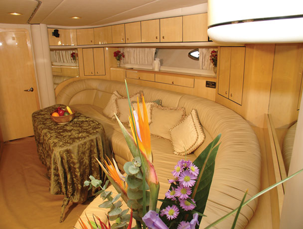 Sea Ray 54 ft Solivia salon interior large seating area audio video system Cancun charter