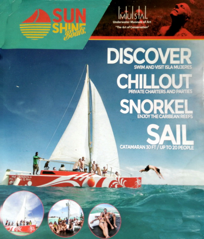 Scanned Sunshine Boats promotional flyer advertising DISCOVER, CHILLOUT, SNORKEL, SAIL on a 30ft catamaran up to 20 people, featuring a red and white sailing catamaran full of passengers with a diver jumping off.