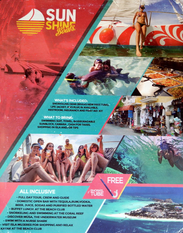 Scanned Sunshine Boats promotional flyer collage with red and teal diagonal panels showing included items and all-inclusive details, with photos of a bikini-clad passenger, swimmers, buffet, market and snorkeling.