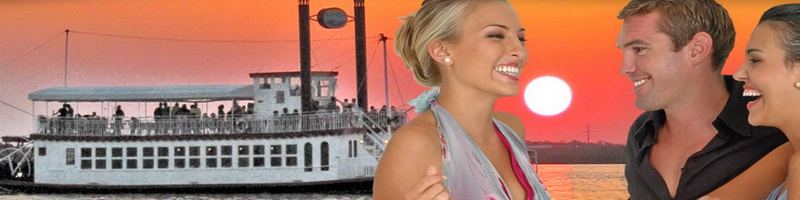 Promotional banner collage: a sepia-toned paddlewheel riverboat on the left blended into an orange sunset over water on the right, with a smiling blonde woman in the center and a laughing couple at right.