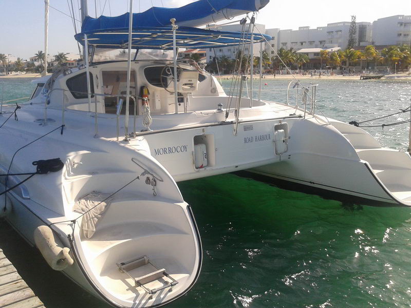 Bow view of the white catamaran 'Morrocoy / Road Harbour' moored bow-to a dock, twin hulls in green-turquoise water, a beach with hotels and palms behind, sunny.