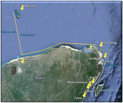 Mapa de ruta de navegación desde Cancún e Isla Mujeres por la costa de Yucatán hacia arrecife Alacranes, Tulum y Puerto Aventuras