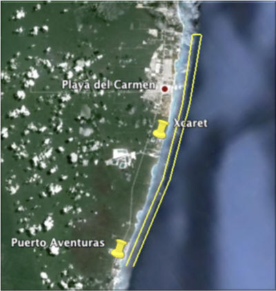 Mapa del recorrido al atardecer por la costa de la Riviera Maya entre Playa del Carmen, Xcaret y Puerto Aventuras en velero