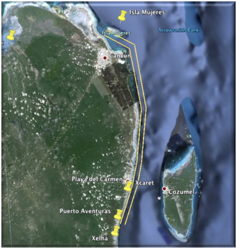 Mapa satelital ruta de navegación desde Puerto Aventuras via 