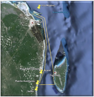 Carta náutica ruta desde Playa del Carmen a 