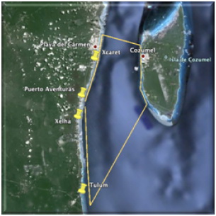 Mapa de navegación ruta en yate de Tulum a Cozumel por la costa de la 