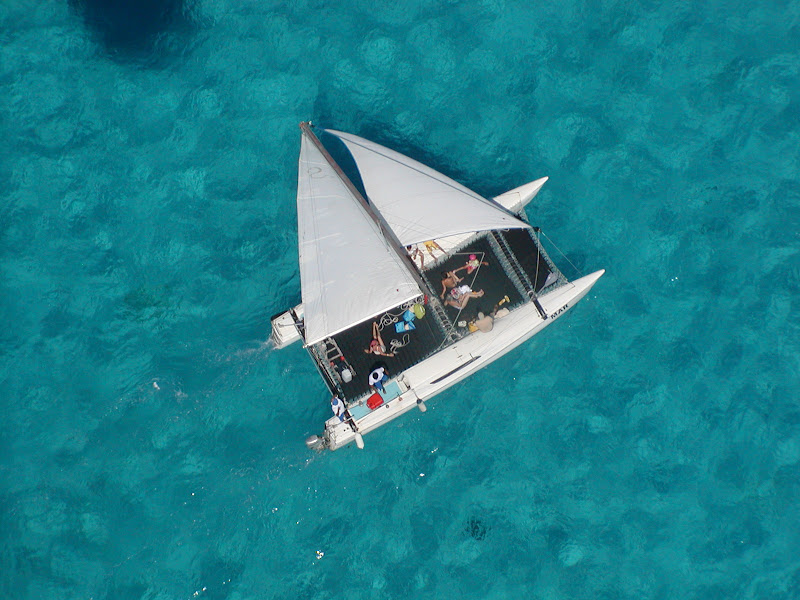 Aerial top-down shot of a small white sailing catamaran with sails raised and a few passengers on deck, floating over crystal-clear turquoise reef water where the seabed is visible.
