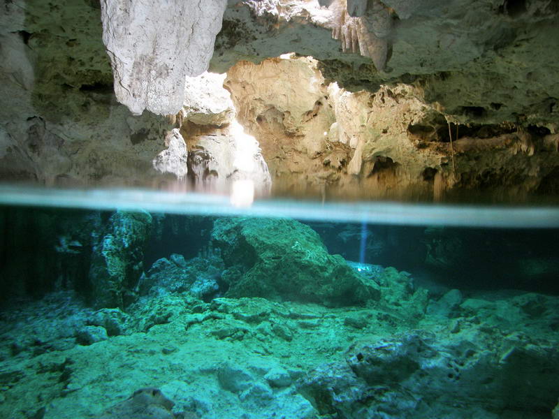 Vista semisumergida del cenote de Aktun Chen que muestra las formaciones rocosas de la cueva arriba y el agua verde clara debajo de la superficie
