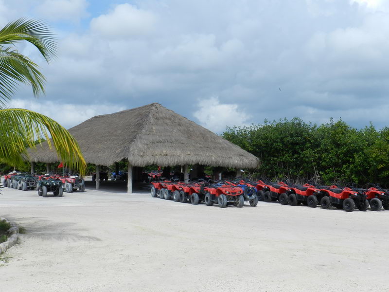 Filas de cuatrimotos rojas estacionadas junto a una palapa de palma en la base de playa de 