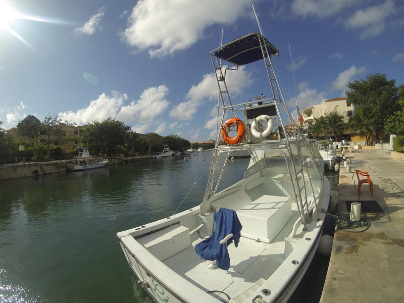 Fisheye view of a white sportfishing boat with a T-top and life rings tied along a marina dock, sun high overhead, a blue towel draped in the cockpit, other boats and greenery across the calm canal.