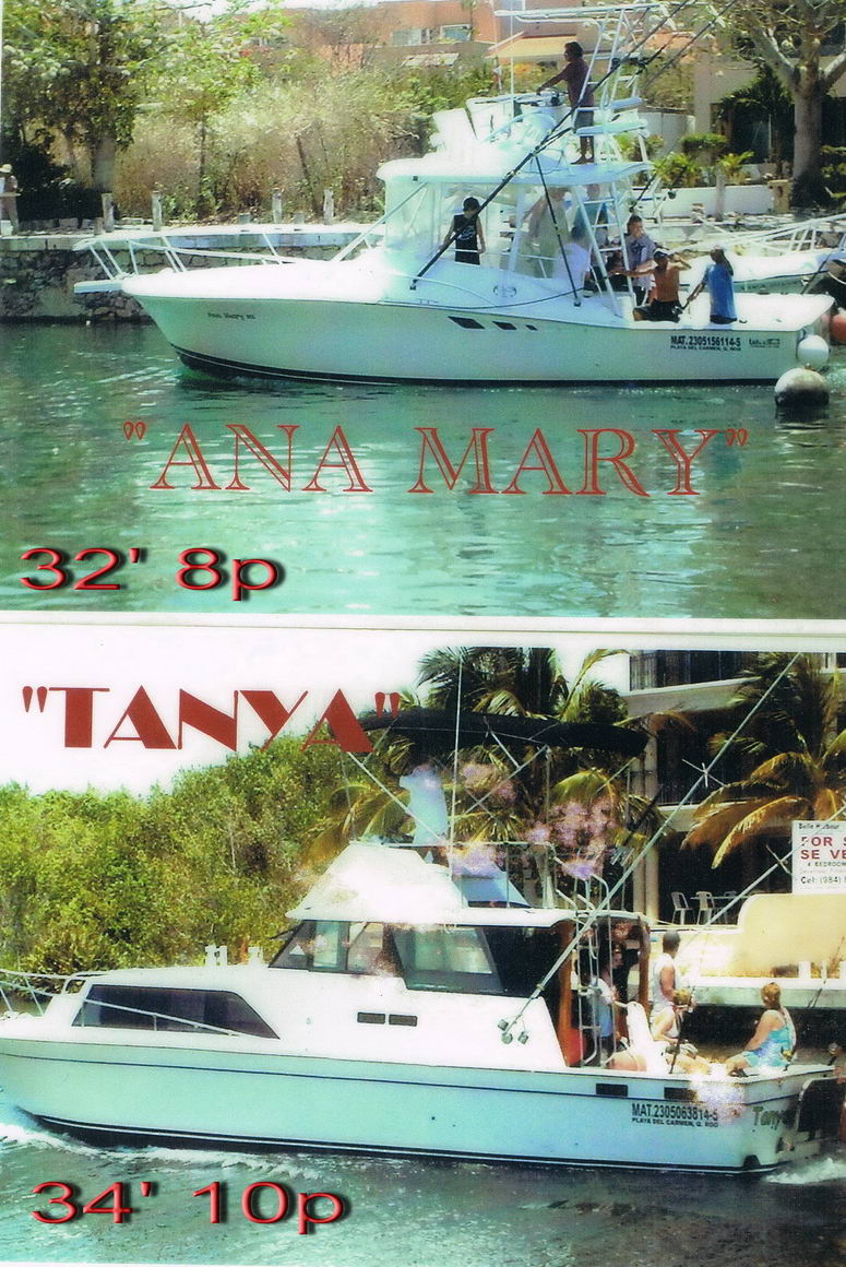 Vertical two-photo collage of sportfishing boats: top labeled Ana Mary 32 feet 8 passengers showing a white flybridge cruiser in a marina, bottom labeled Tanya 34 feet 10 passengers showing a larger white sportfisher underway.
