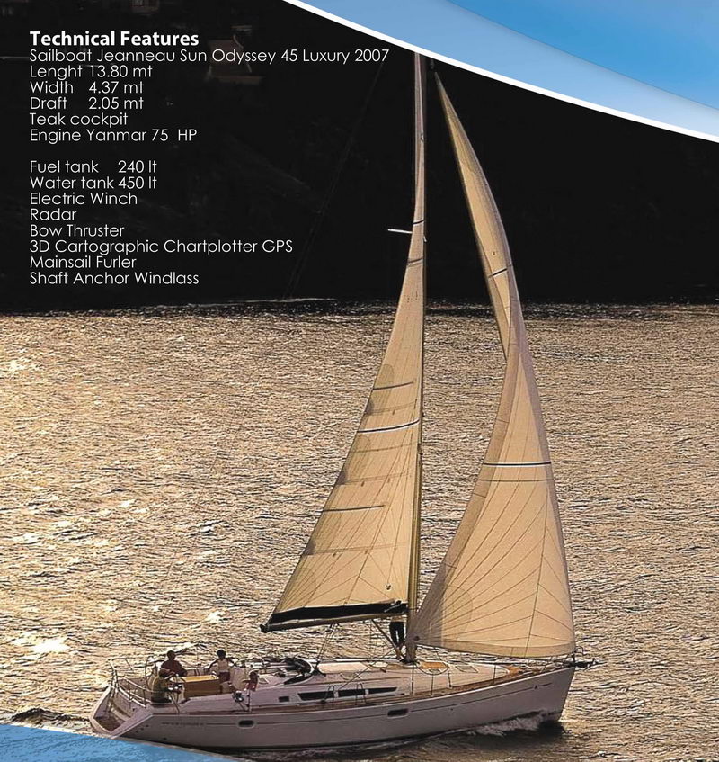 Promotional page titled 'Technical Features' for a 2007 Jeanneau Sun Odyssey 45 — listing length 13.80 m, Yanmar 75 HP engine, radar, bow thruster — over a photo of the sailboat under full sail on golden sunset water.