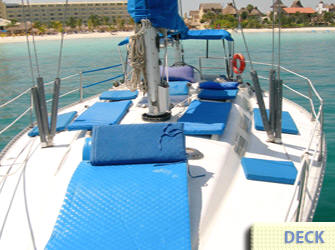 Sailboat guests relaxing on deck during private Cancun sailing charter, turquoise Caribbean sea Isla Mujeres tour