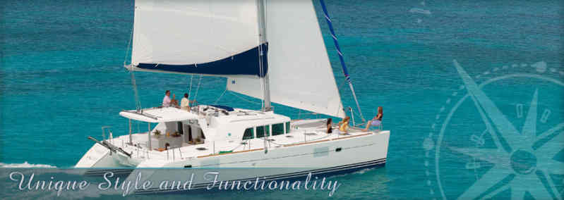 Banner image of a white Lagoon-style sailing catamaran underway on turquoise water with several passengers on deck and trampoline, decorative compass graphic and script text reading 'Unique Style and Functionality'.